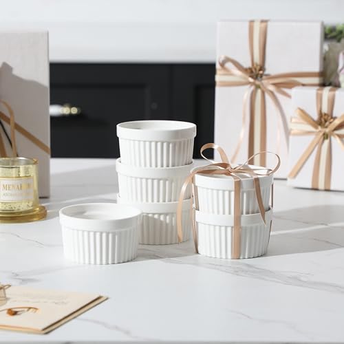 MALACASA Ramekins 4 oz Oven Safe, Porcelain Creme Brulee Ramekins Pudding Custard Cups Small Ceramic Souffle Dishes Ramakan Ramiken Ramicans Baking Bowls Set of 6, White, Series RAMEKIN-DISH