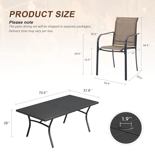 VICLLAX 9 Pieces Patio Outdoor Dining Set, 70" Outdoor Rectangular Metal Dining Table with Umbrella Hole and 8 Stackable Textilene Chairs for Lawn, Garden, Porch, Black/Brown