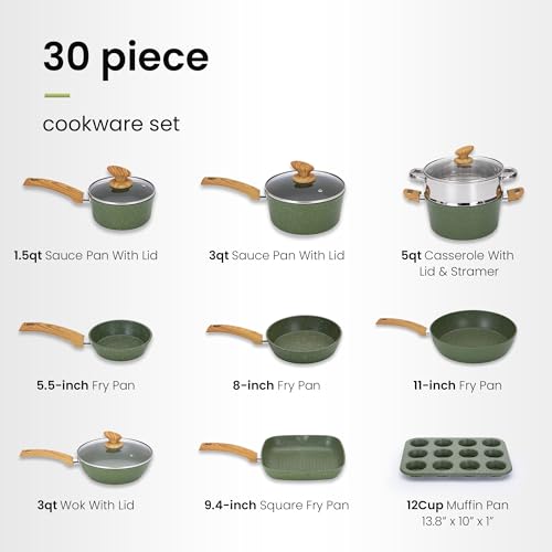 DishDelight Green Pots and Pans Set Non Stick, 30 Piece Induction Kitchen Cookware Sets for Cooking, Non Toxic Granite Pot and Pans Set, PFOA&PFOA Free