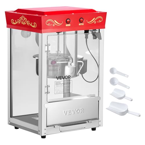 VEVOR Popcorn Machine, 8oz Stainless Steel Kettle, 800W Commercial Countertop Popcorn Maker, 48 Cups per Batch Theater Style Popper, with 2-Button Control Glass Wall PC Door 1 Scoop 3 Spoons, Red