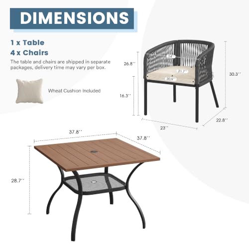 DIFY 5 Piece Patio Dining Set, 38" Square Table & Wicker Chairs, Walnut