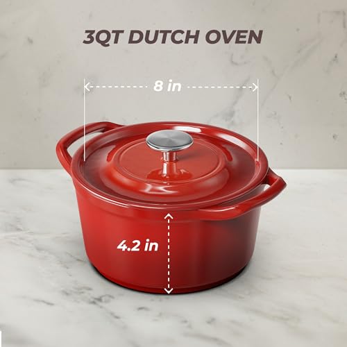 SUNHOUSE Enameled Cast Iron Dutch Oven Pot - 3 QT Dutch Oven with Lid for Bread Baking, Braising, Stews, Roasting Cooking Pot (Gradient Red)