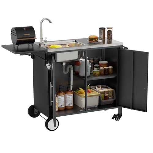 ahomrt Outdoor Grill Table with Sink, Metal Worktable Kitchen Cabinet Island w/ 304 Stainless Steel Sink, Foldable Top and Storage Cabinet, Rolling Grill Cart with Wheels for Garden, Backyard and Lawn