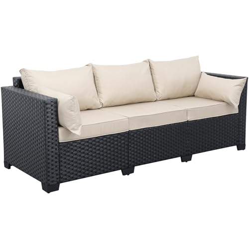Rattaner Patio Furniture 3-seat Sofa Wicker Outdoor Furniture Outdoor Couch Deep Seat Hight Backrest Waterproof Cover Anti-Slip Cushions, Khaki