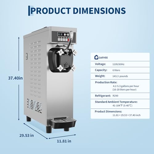 GarveeLife Commercial Soft Serve Ice Cream Machine - 21.2 QT/H Yield, 1500W Single-Flavor Countertop Maker with 6L Hopper, Touchscreen & Auto-Clean | Perfect for Restaurants & Snack Bars