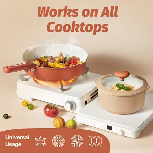 CAROTE 22 Pcs Non Stick Pots and Pans Set, Boho Ceramic Cookware Set Detachable Handle,Non Toxic Induction Kitchen Cookware Removable Handles, RV Cookware Set, Oven Safe, Mothers Day Gifts