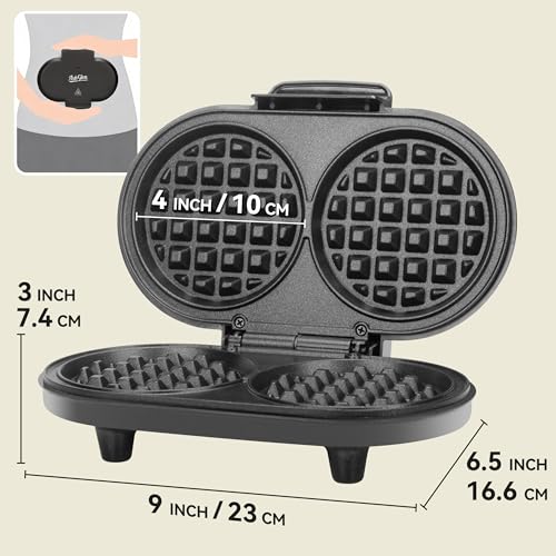 AshGlen Double Mini Waffle Maker for kids, Waflera Electrica with 2 X 4” Round Non-stick Grids, Small Waffle Maker Mini, Makes 2 Personalized Keto Chaffle Waffles, Mini Waffle Iron, Graphite