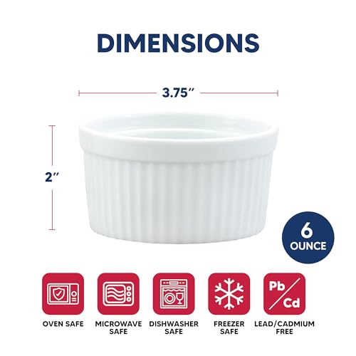 HIC Kitchen Souffle Ramekin, Fine Porcelain, For Baking Custards, Souffles, Side Dishes, And Desserts, 6-Ounce Capacity, Set of 6