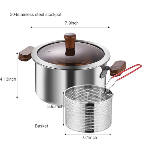 Opifex Deep Fryer Pot with Basket,2.8L Stockpot for 1-2 people Home Use and camping Frying, Pasta, Soup & Stews, 304 Stainless Steel,Strainer Basket for All Stovetops