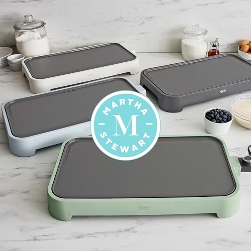 Martha Stewart 12” x 22” Electric Griddle, XL Ceramic Nonstick Flat Top Cooking Surface, Adjustable Temperature Dial, Drip Tray, Dishwasher Safe, 1500W Fast Even Heating, Pancakes & Eggs, Linen White