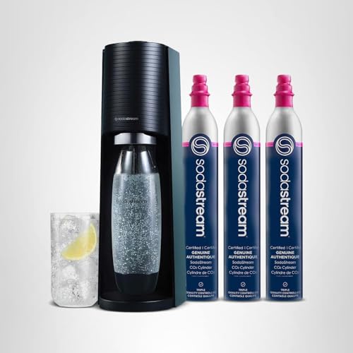 SodaStream TERRA Sparkling Water Maker, CO2 Bundle, CQC CO2 System, Includes 3 Quick Connect 60L CO2 Cylinders, 1 Dishwasher Safe BPA Free Bottle, Make your own Pepsi, Black