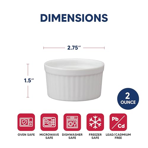 HIC Kitchen Ramekin, Fine Porcelain, For Serving Condiments, Dips, Sauces, And Small Desserts, 2-Ounce Capacity, Set of 6