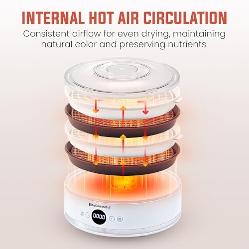 Elite Gourmet EFD329WD Digital Food Dehydrator with 5 BPA Free SlimStore™ Collapsible Trays for Compact Storage, Adjustable Timer and Temperature Controls, Jerky, Herbs, Fruit, Veggies, Snacks, White