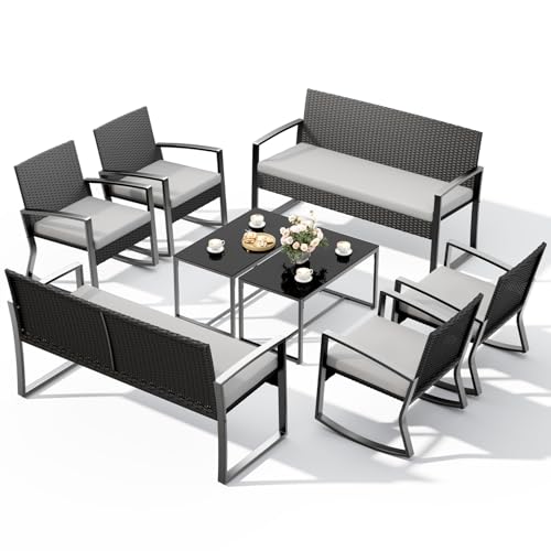 Ahomly 8 Piece Wicker Patio Furniture Set with Rocking Chairs, Grey