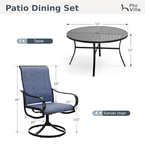 PHI VILLA 7 Piece Outdoor Patio Dining Set with 6 Swivel Dining Chairs & 1 Large Round Dining Table, Blue Textilene Mesh Fabric Chair and 54" Metal Table for All Weather