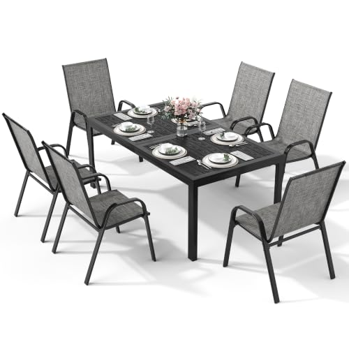 PATIOPIA 7PCS Patio Dining Set, Steel Table & 6 Textilene Chairs, Charcoal