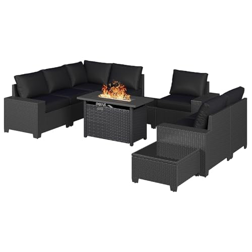 Aoxun 10-Piece Sectional Sofa with 44" Fire Pit, 4" Thicken Cushion, Widen Armrests Wicker for Backyard with Coffee Table, Black
