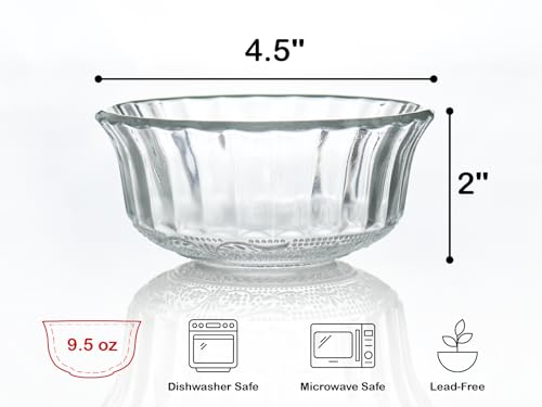HillSpring Small Glass Bowls for Dessert, Snack, Fruit, or Nuts, 4.5" Textured Bowls Set for Kitchen Prep, 9.5 ounce Capacity Dip Bowls, Portion Control Bowls, Set of 6 (6)