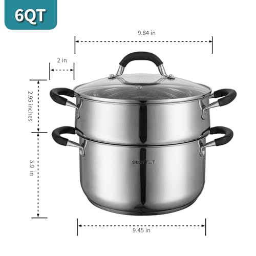 SLOTTET 6 Quart Stainless Steel Stock Pot with Steamer,6 Qt Multipurpose Stockpot with Stay-cool silicone Handle and Glass Lid,Soup Pot for Cooking