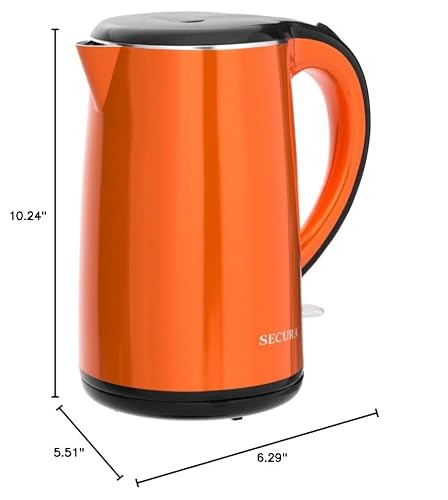 Secura Original Stainless Steel Double Wall Electric Water Kettle 1.8 Quart with Auto Shut-Off & Boil-Dry Protection, Orange SWK-1701DO/HB-3227B