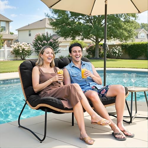 Outdoor Loveseat, Boho Rattan Patio Couch with Soft Cushion (Black)