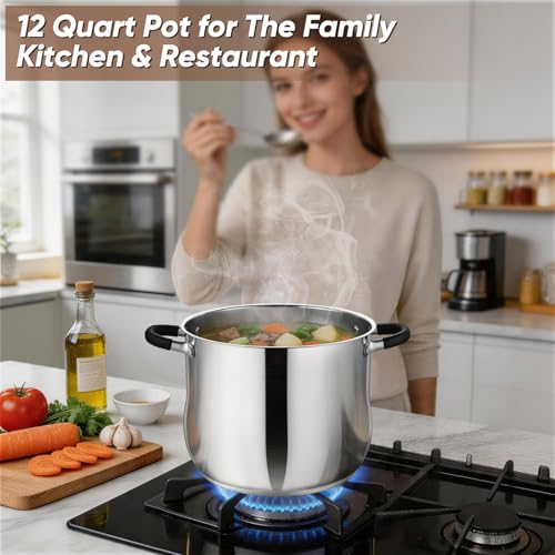P&P CHEF Stainless Steel Stock Pot, 12 Qt Cooking Soup Pot with Visible Lid for Pasta, Tri-Ply Bottom & Dual Heatproof Handles, For Induction Gas All Stoves, Non-Toxic & Dishwasher Safe