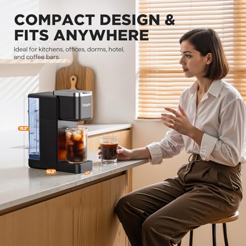 Tastyle Single Serve Coffee Maker, Iced and Hot Coffee Machine for K Cup & Grounds, Compact Design, 40oz Removable Water Reservoir, 6 to 24 Oz Brew Sizes, Fits 7.3" Travel Mug, Black