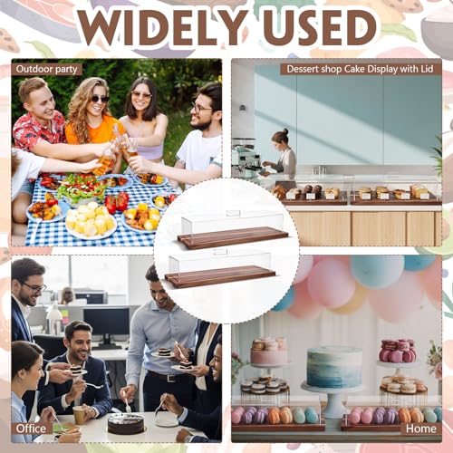 Mifoci 2 Pack Acacia Wood Cake Stand Serving Tray with Acrylic Lid, 15 x 6 x 4 Inches Charcuterie Table Display Set, Dessert Serving Tray Set for Bakery, Buffet, Home Party & Restaurant