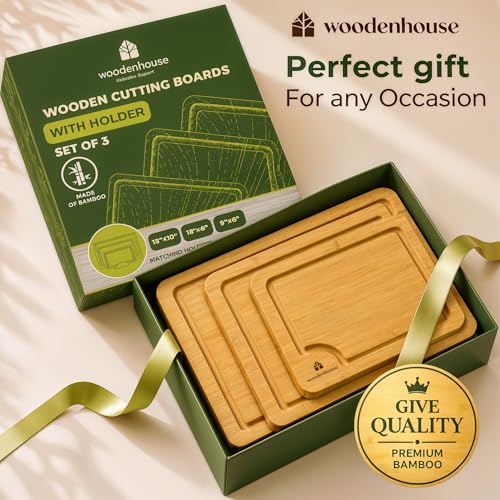 Set of 3 Bamboo Cutting Boards for Kitchen - Thick & Durable Wood Cutting Boards Set with Deep Juice Grooves & Build-in Handles, Large Surface, Easy to Clean – for Meat, Vegetables and Fruits