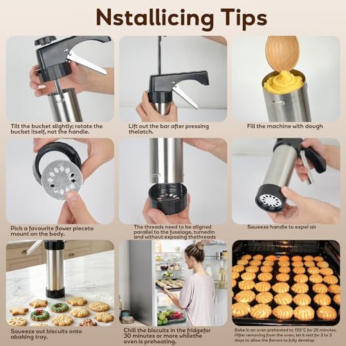 Stainless Steel Cookies Press, Cookie Press Gun Kit with 13 Cookie Discs and 8 Piping Tips, Durable Butter Cookie Shooter for DIY Various Cookies and Cake Maker