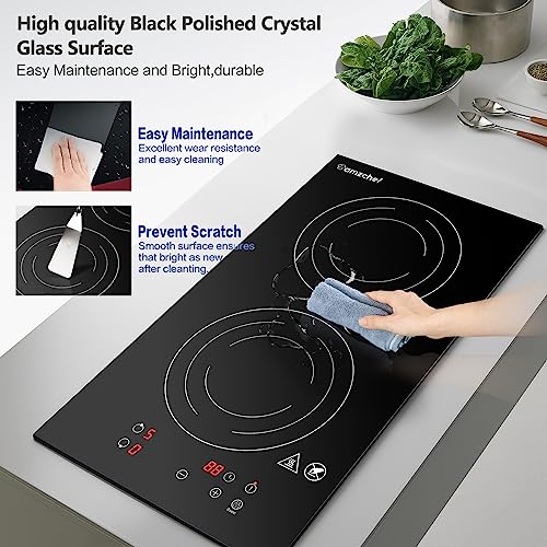 AMZCHEF Induction Cooktop 2 Burners, 12 Inch Bulit-in & Countertop Induction Stove with Plug 110V-120V, 9 Power Levels Electric Stove 1800W, Safety Lock, Timer, Touch Control for Fast Cooking