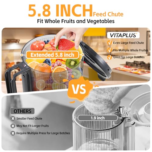 VITAPLUS Cold Press Juicer with Stainless Steel Auger,High Juice Yield Slow Masticating Juicer for Juice & Nut Milk, Lab-Certified Food-Safe, AC Motor, 5.8" Whole-Fruit Chute, BPA-Free,Easy Clean