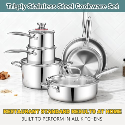 P&P CHEF 3-Ply Stainless Steel Cookware Set of 6, 10-Pieces Pots and Pans Sets Stainless Steel for Kitchen, Induction Multi Cooktops & Oven, Dishwasher Safe, Frying Pans, Saucepans, Saute Pan & Pot