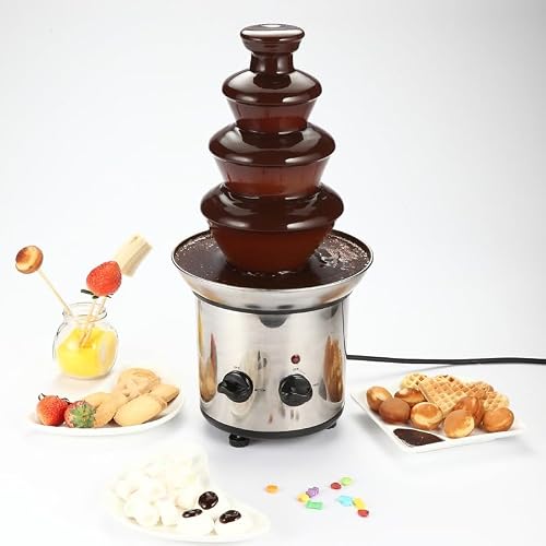 4 Tier Chocolate Fountain Machine, 110V Electric Chocolate Fountain Machine for Nacho Cheese, Commercial Stainless Steel Waterfall Chocolate Melting Machine with Knob Control for Parties & Wedding
