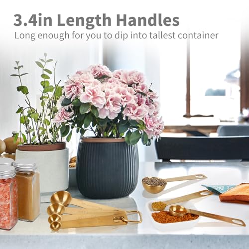 Blueden Measuring Spoons,304 Stainless Steel Measuring Cups & Spoon Set of 7 Piece:1Tbsp&1/2Tbsp,1tsp,3/4tsp,1/2tsp,1/4tsp,1/8tsp Teaspoon Coffee Scoop Tablespoon for Dry and Liquid Ingredients,Gold