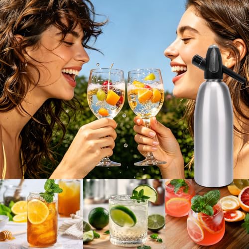 Soda Siphon, 1L Portable Seltzer Maker - Retro-Style Sparkling Water Machine for Homemade Carbonated Drinks, Juices & Cocktails, Uses 8g CO2 Cartridges (Cartridges Not Included) - Silver
