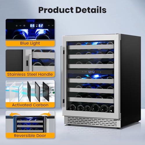 24 Inch Wine Cooler & Fridge Under Counter,54 Bottle Dual Zone Wine Cooler,New Upgrade Compressor,Blue Light Built-in/Freestanding,Reversible Stainless Steel Door Wine Fridge for Home/Kitchen
