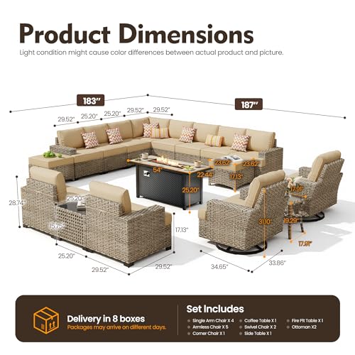 HOOOWOOO Sectional Patio Furniture Set with Fire Pit Table,17 Pieces Wicker Outdoor Furniture L Shaped Couch,Outside Conversation Set Extra Deep Sofa Wide Arm Swivel Chairs Ottoman Solar Light,Beige