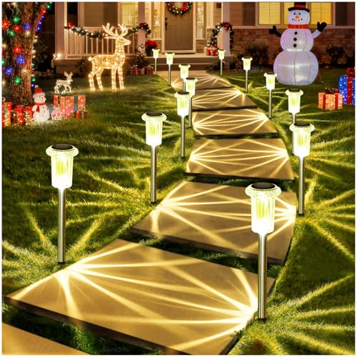 DenicMic Solar Lights Outdoor 10 Pack Waterproof 3000K Warm White LED Stainless Steel Stake Outside Lights for Yard Pathway Garden Driveway Walkway Landscape Path Lighting