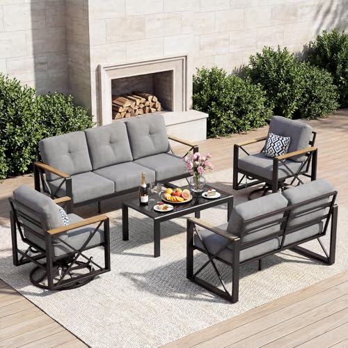 Mvpipi Aluminum Patio Furniture Set, 5 Piece Outdoor Metal Furniture Set w/Rocking Swivel Chairs, 7 Seats Balcony Conversation Sets with Coffee Table, Thick Cushions for Backyard, Poolside, Gray