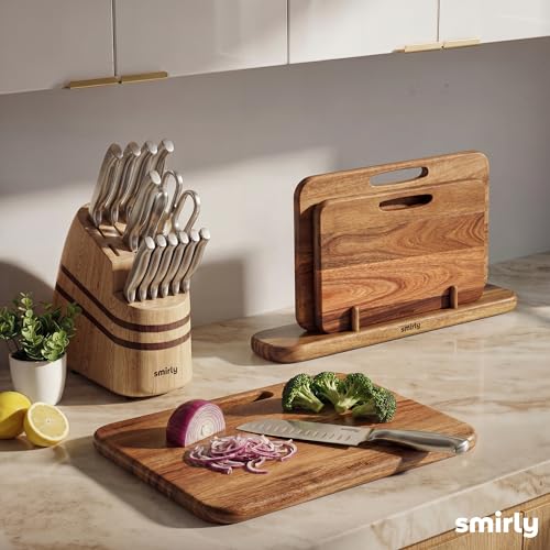 SMIRLY Wooden Cutting Boards for Kitchen, Double-Sided Cutting Board with Handle, Heavy Duty Solid Acacia Wood Cutting Board Set with Stand, 3 Pcs Cutting Boards Non Toxic for Meat Vegetable Fruit