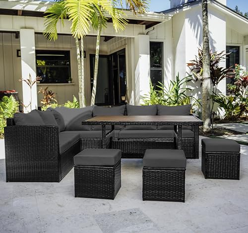 Nestl Outdoor Dining Set - 7 Piece Wicker Patio Set with Outdoor Dining Table, Outdoor Sectional Sofa and 3 Ottomans, Outdoor Patio Furniture Table and Chairs Set (Grey/Grey)