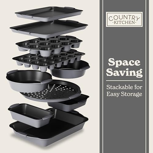 Country Kitchen Nonstick Stackable Bakeware Set - Heavy Duty, Durable, Easy Release Baking Set, Grey, 10 Pcs