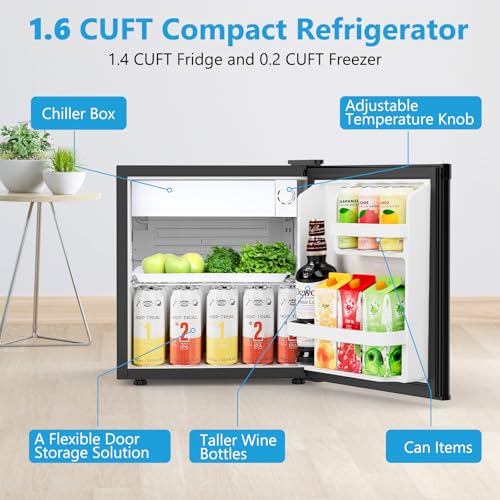 Electactic 1.7 Cu.ft Mini Fridge, Compact Refrigerator, Single Reversible Door, Ultra Quiet, Energy Efficient for Office, Dorm, Bedroom, Apartment, Black