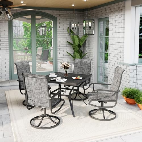 PATIOPIA 5-Piece Outdoor Dining Set, All Weather Patio Table and Chairs Set with Umbrella Hole for 4, Outdoor Table and 4 Textilene Swivel Chairs for Backyard, Poolside, Deck, Grey