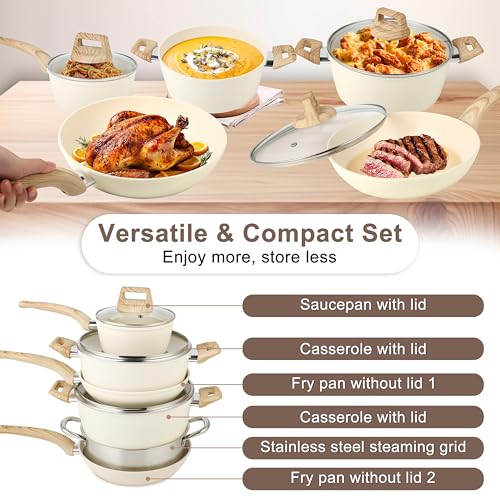 FAB&DELUXE 11Pcs Nonstick Cookware Set, Aluminum Nonstick Pots and Pans with Lids & Wooden Handles, Silicone Spoons & Spatulas, Non-toxic Healthy Kitchen Cooking Sets, PFAS & PFOA Free