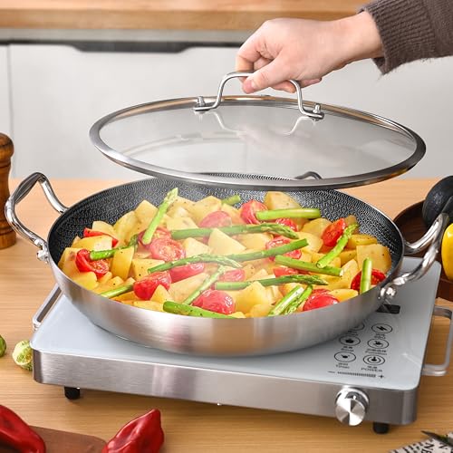 Inqibee 13-Inch Hybrid Tri-Ply Stainless Steel Paella Pan with Lid, Ceramic Non Stick Large Skillet, Induction Cooking Pan, Anti-Scratch, Dishwasher and Oven Safe