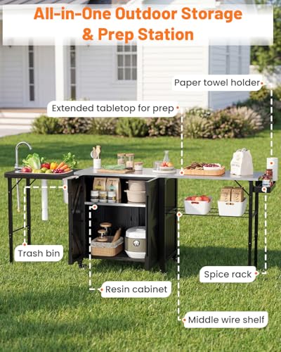 AECOJOY Outdoor Grill Cart Table with Sink, Portable Folding Kitchen Island with Storage Cabinet, Stainless Steel Prep Station for BBQ, Waterproof Cover Included