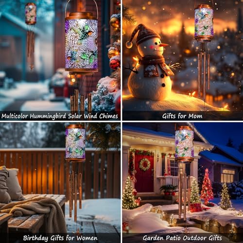 Hummingbird Solar Wind Chimes for Outside, Garden Gifts for Women,Solar Lantern Outdoor Waterproof Lights for Balcony, Porch, Backyard, Birthday Gifts for Mom Grandma Wife (1Pack)