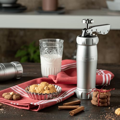Marcato Biscuit Cookie Press Design Line, Silver. MADE IN ITALY, 20 Shapes, 2 Cookie Sizes, Anodized Aluminum, Easy to Use & Clean, Fast Homemade Cookie Maker